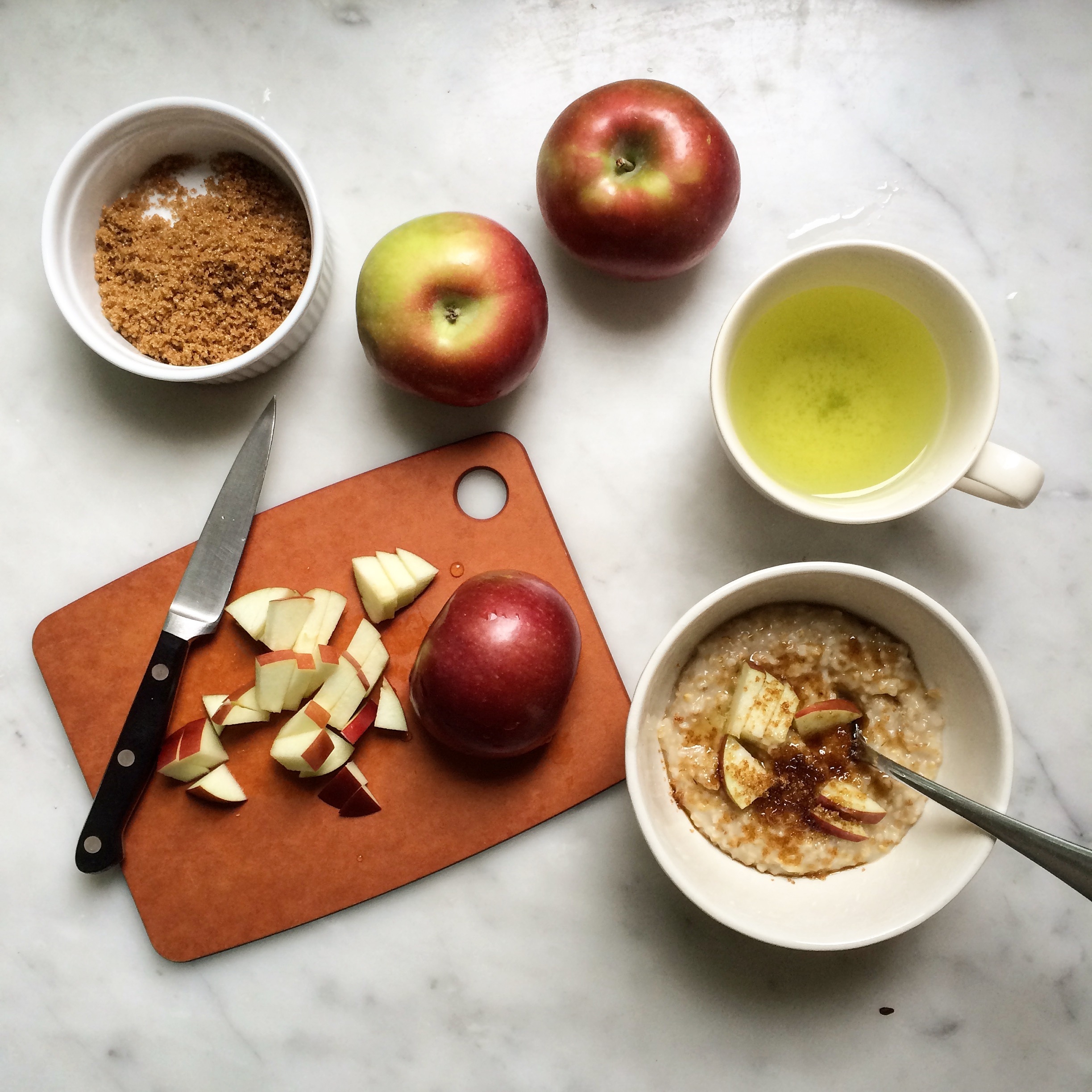 breakfast with tea, apples, oatmeal